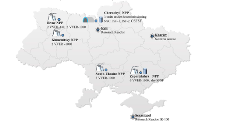 Kart over Ukraina som viser hvor kjernekraftverkene er.