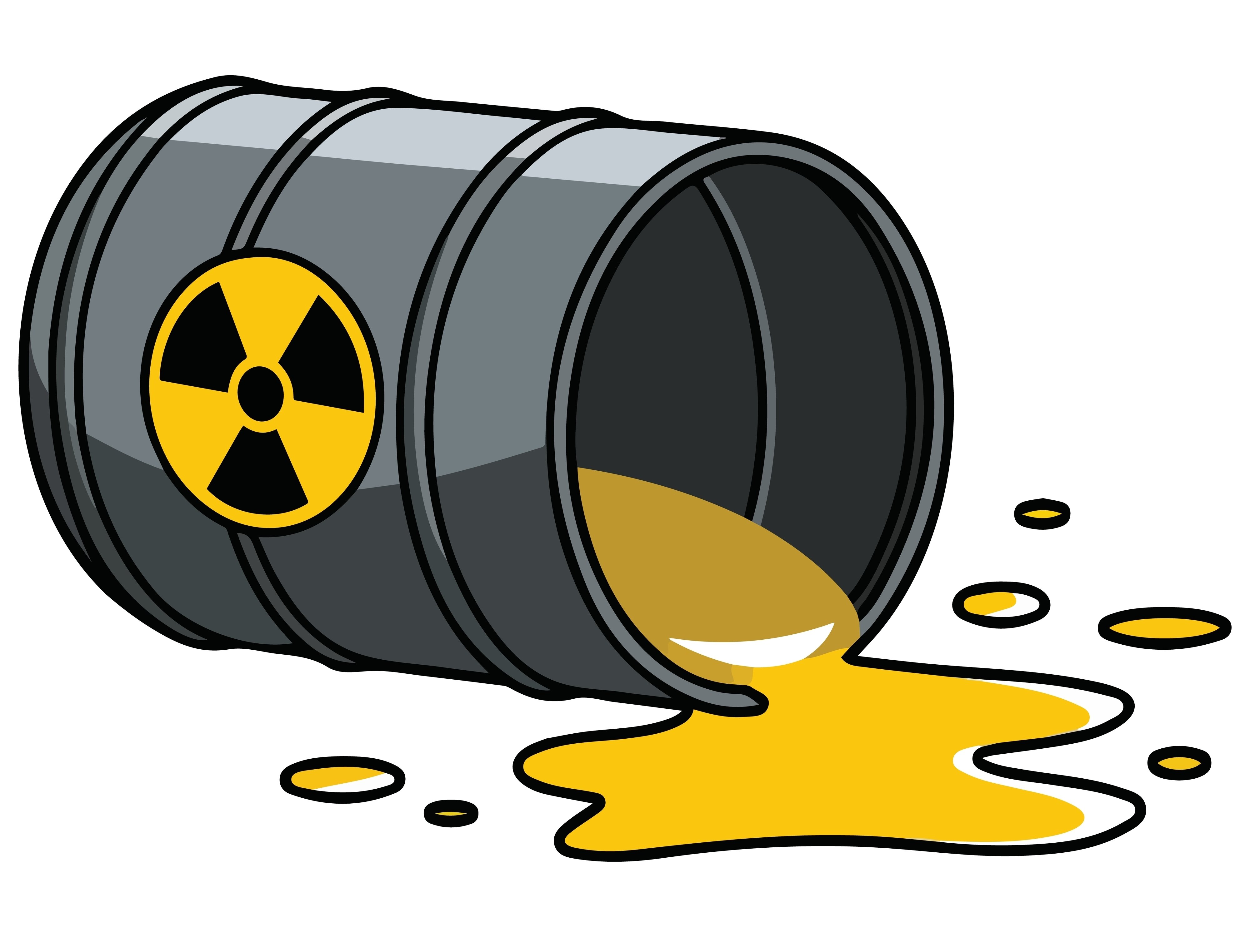 Velta tønne, radioaktivitetssymbol, væske renner ut fra tønna