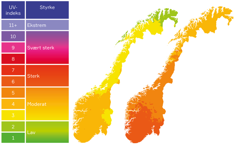 Grafisk fremstilling av UV-indeks og kart over Norge